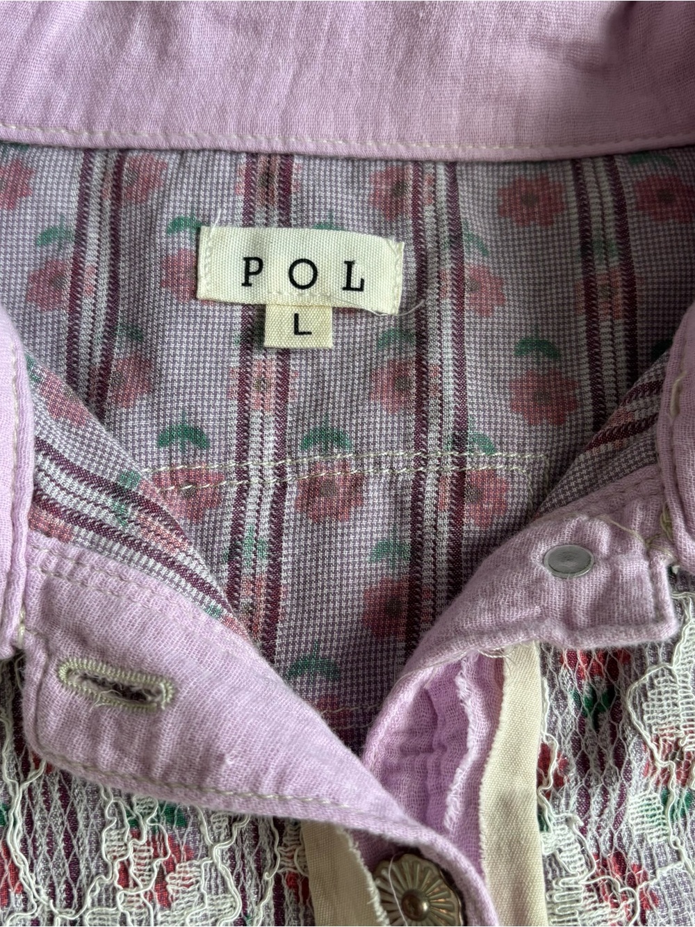 POL Lavender Patchwork Button-Front Shacket with Cream Sleeves - Picture 5 of 10